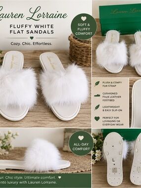 Lauren Lorraine White Fluffy Slide Sandals